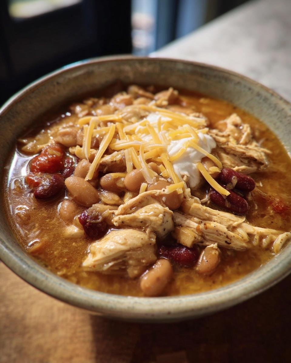Close-up of a hearty bowl of Apple Chicken Chili topped with shredded cheese and sour cream.