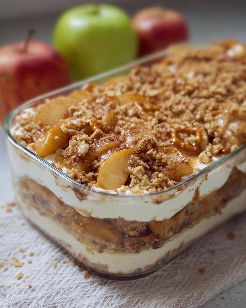 Delicious Apple Cinnamon Pretzel Salad in a glass dish, layered with cream and pretzel crumble.