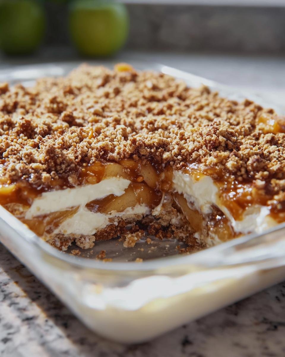 A delicious Apple Cinnamon Pretzel Salad in a glass dish, showing layers of pretzel crust, cream, apples, and crumble topping.