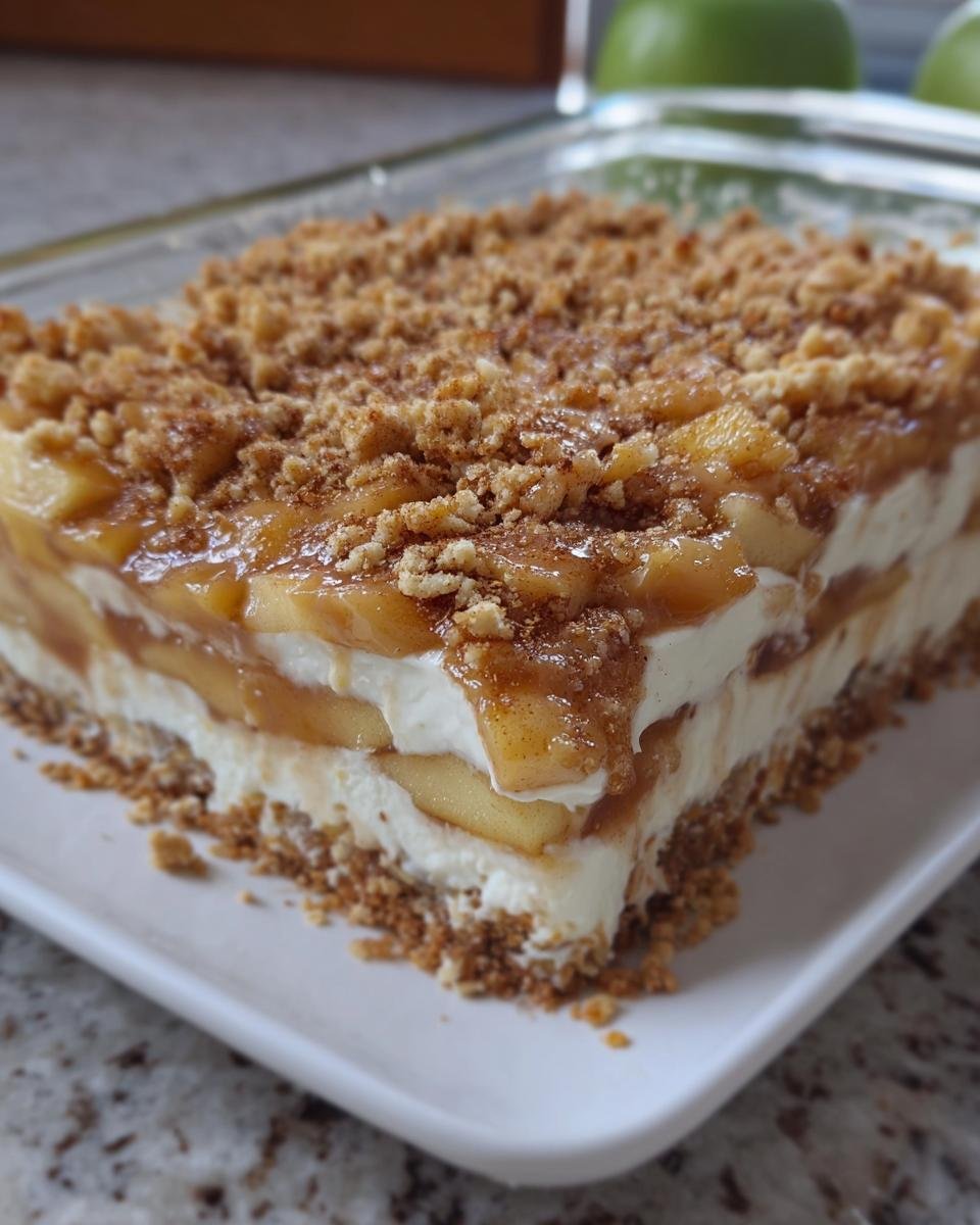 A close-up of a layered Apple Cinnamon Pretzel Salad with pretzel crust, cream cheese filling, and apple cinnamon topping.