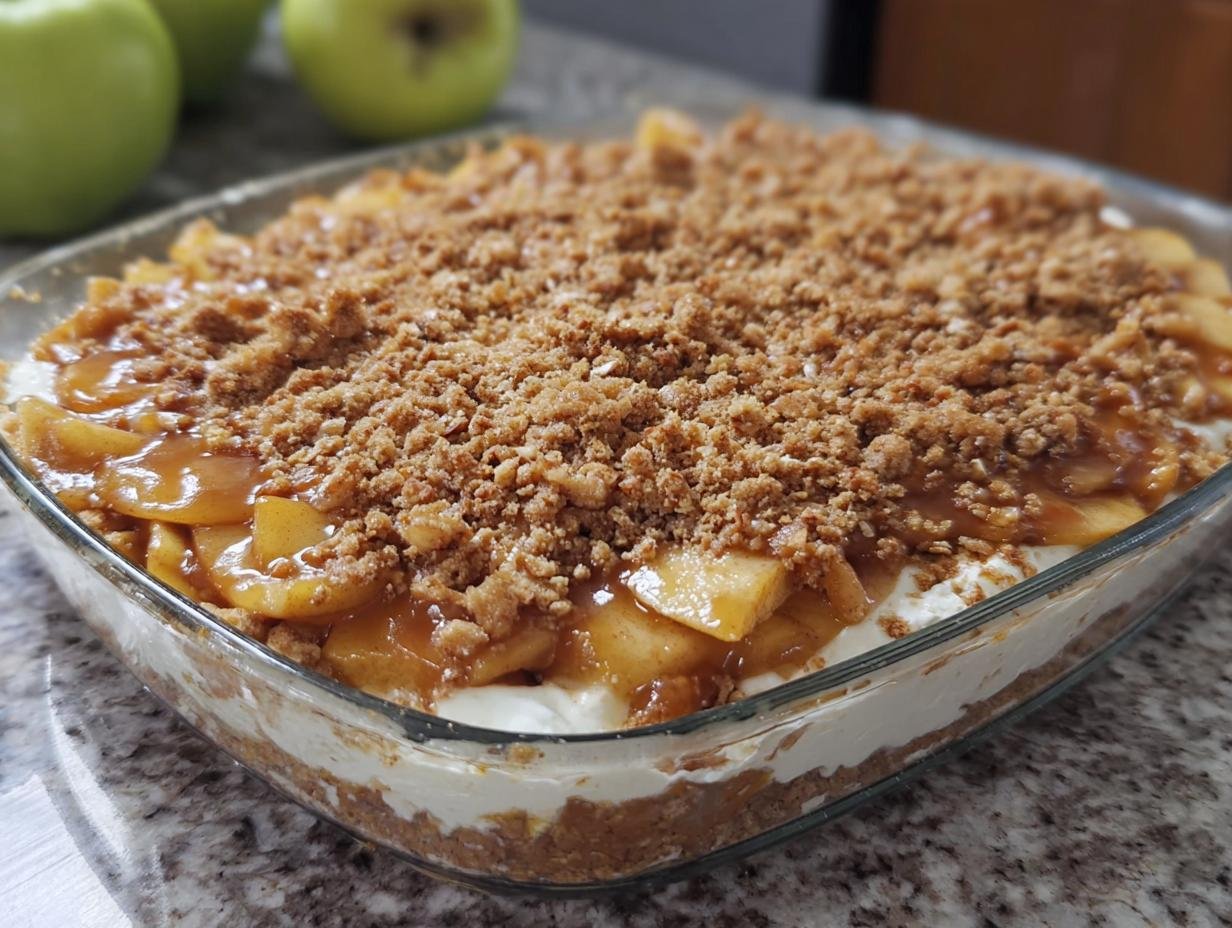 A layered Apple Cinnamon Pretzel Salad in a glass dish, featuring a pretzel crust, creamy filling, apple cinnamon topping, and crumble.