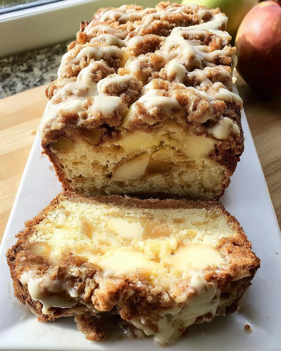 A sliced loaf of Apple Crisp Cheesecake Bread with a crumb topping and glaze.