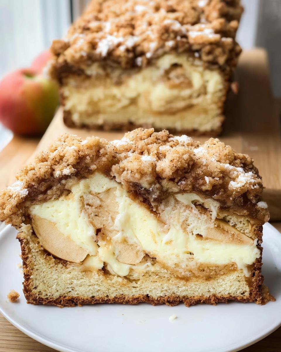 A slice of Apple Crisp Cheesecake Bread showing the layers of bread, cheesecake, apples, and crisp topping.