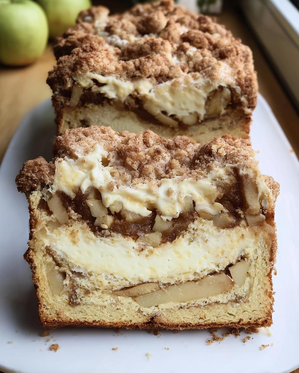 A slice of Apple Crisp Cheesecake Bread showing layers of bread, cheesecake filling, apple crisp, and topping.