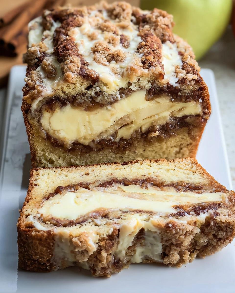 A slice of Apple Crisp Cheesecake Bread showing layers of bread, apple filling, and cheesecake.
