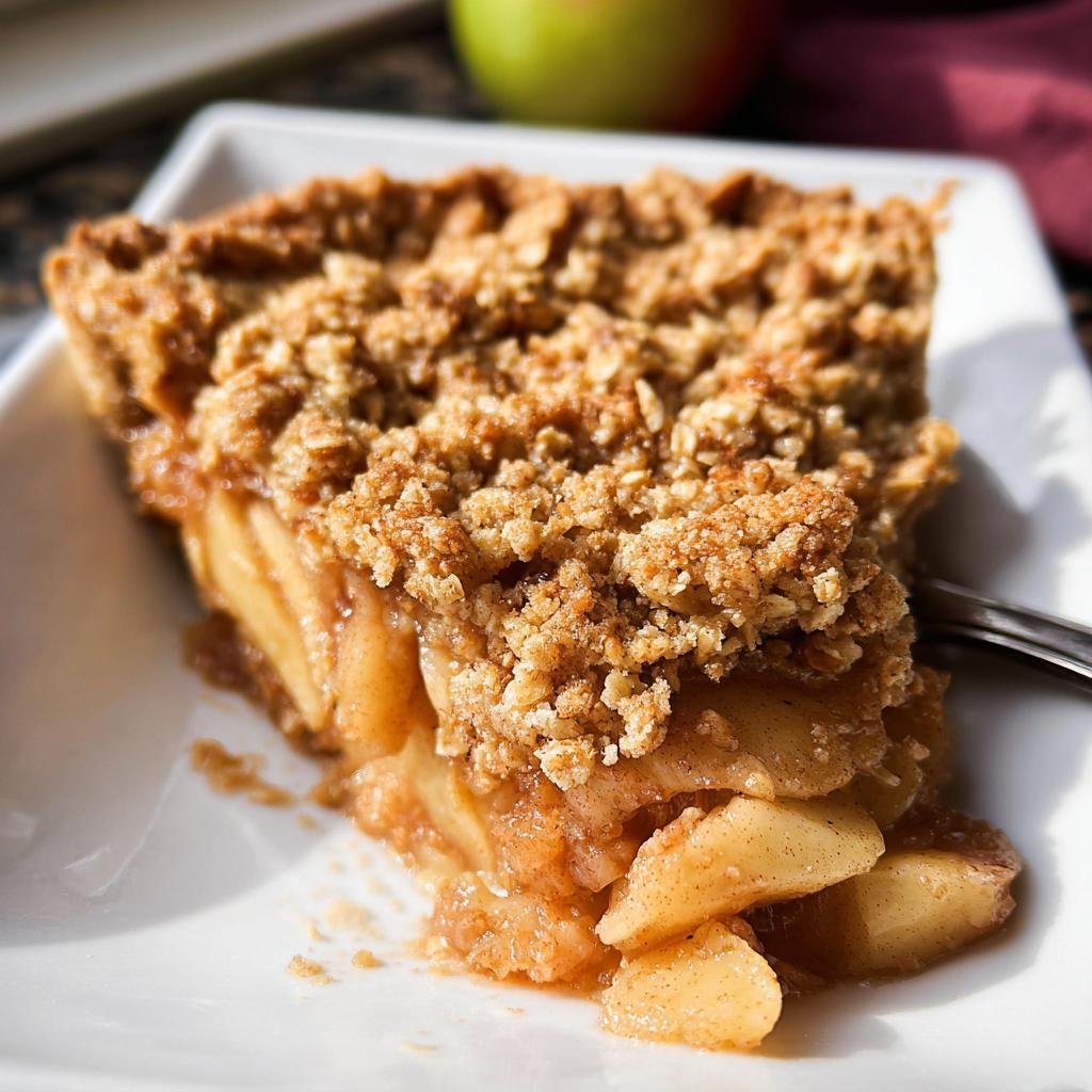 Close-up of a generous slice of Apple Crumble Pie Easy No Fail with thick apple filling and crunchy oat topping.
