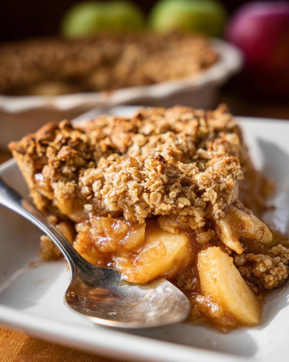 Close-up of a serving of Apple Crumble Pie Easy No Fail with a spoonful of warm, gooey apples.