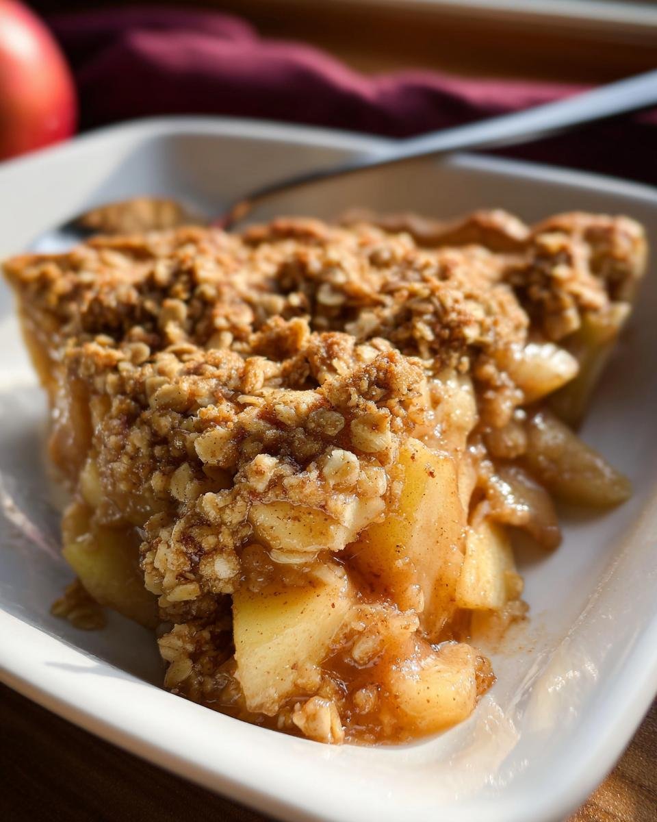 Close-up of a warm slice of Apple Crumble Pie Easy No Fail with chunky spiced apples and oat topping.