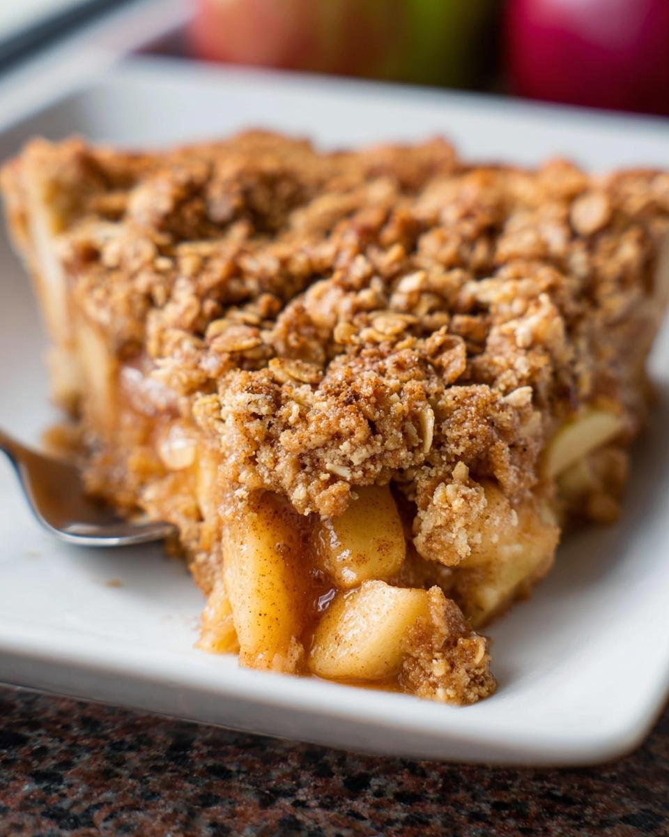 Close-up of a slice of Apple Crumble Pie Easy No Fail showing gooey cinnamon apples and oat topping.