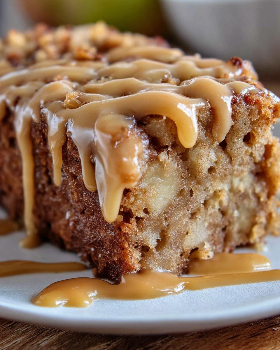 Close-up of a slice of Apple Dapple Cake topped with caramel drizzle on a white plate.