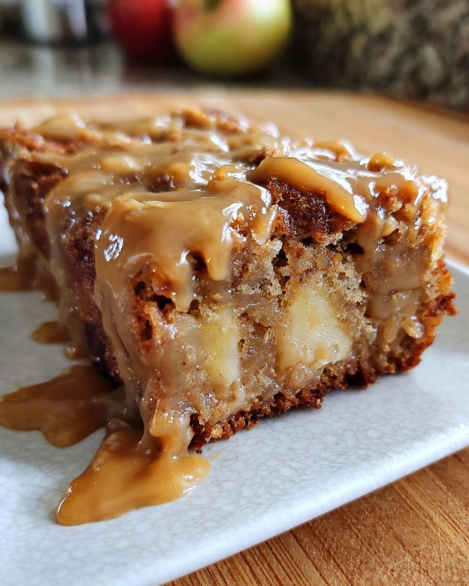 A slice of Apple Dapple Cake drizzled with caramel sauce on a white plate, showcasing the apple chunks.