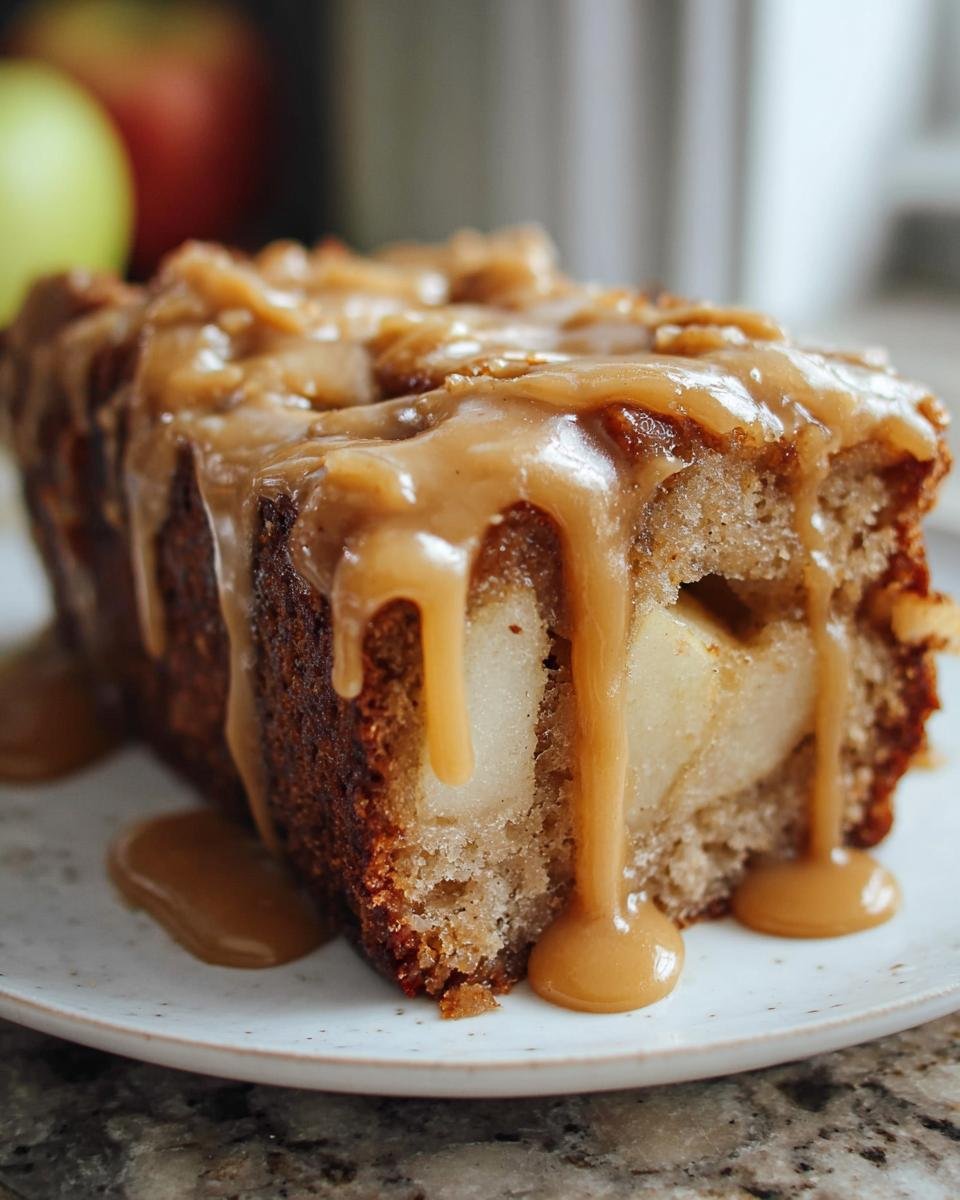 A slice of Apple Dapple Cake topped with caramel sauce, revealing chunks of apple inside.