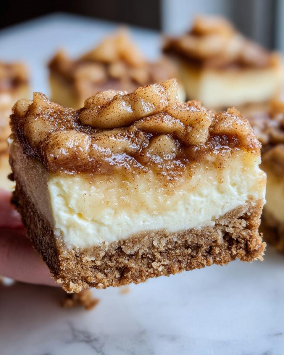 A close-up of Apple Pie Cheesecake Bars, showing the crust, cheesecake layer, and apple pie topping.