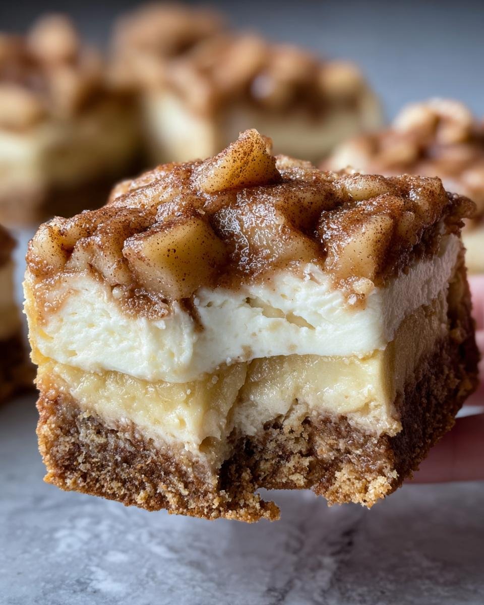 Close-up of a delicious Apple Pie Cheesecake Bar slice with layers of crust, cheesecake, and apple topping.