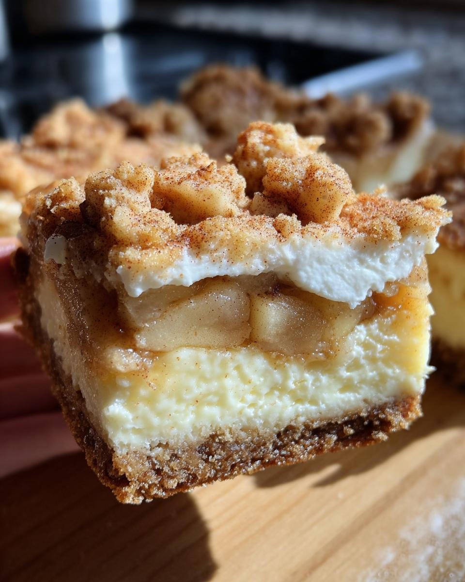 Close-up of an Apple Pie Cheesecake Bar slice, showing layers of crust, cheesecake, apple filling, and crumble topping.