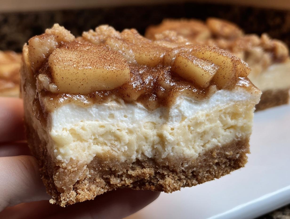 Close-up of a delicious Apple Pie Cheesecake Bar, showing the crust, cheesecake filling, and apple pie topping.