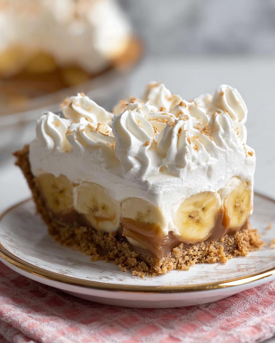 A close-up slice of Banoffee Pie with whipped cream topping, bananas, and a thick crust.
