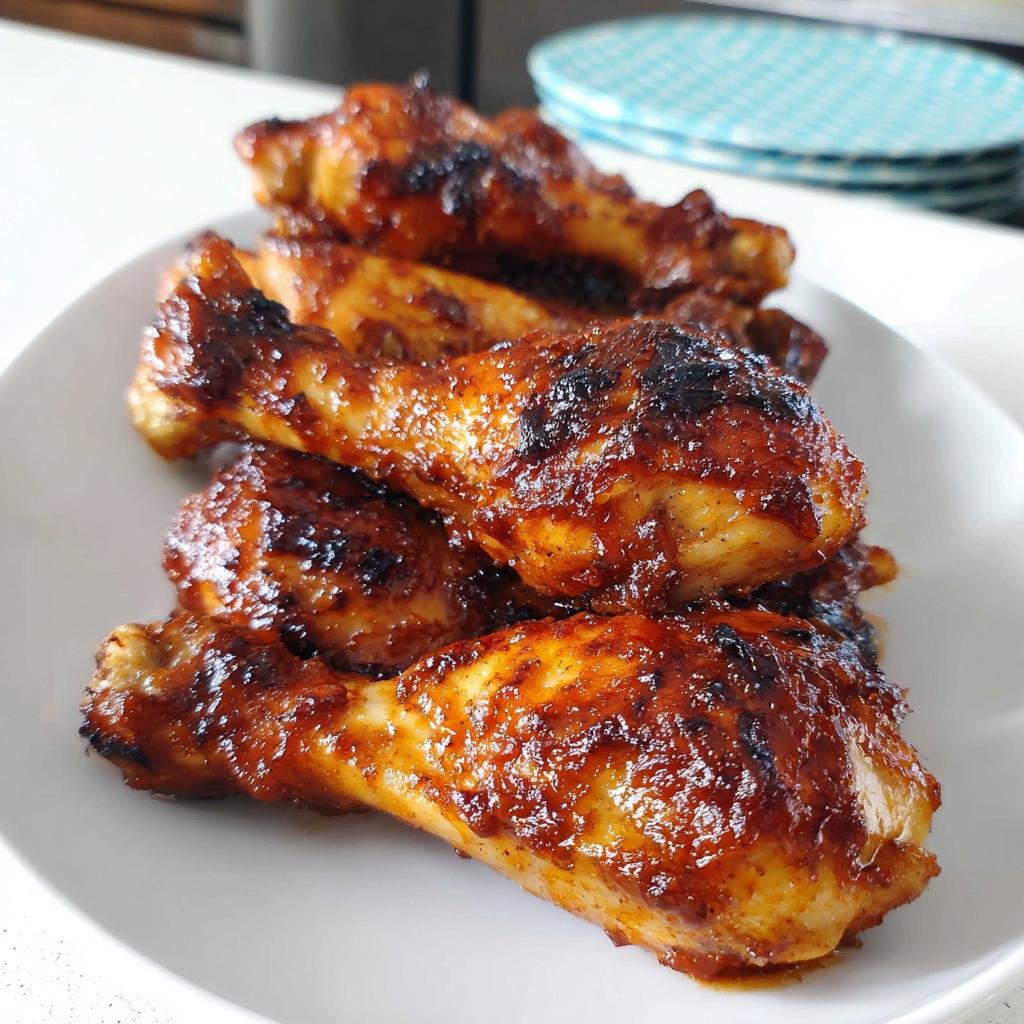 Close-up of several sticky, glazed BBQ Chicken Drumsticks Sheet Pan pieces piled on a white plate.