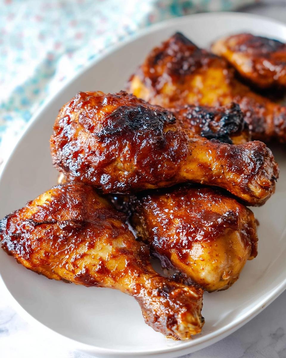 Close-up of sticky, glazed BBQ Chicken Drumsticks Sheet Pan pieces piled on a white plate.