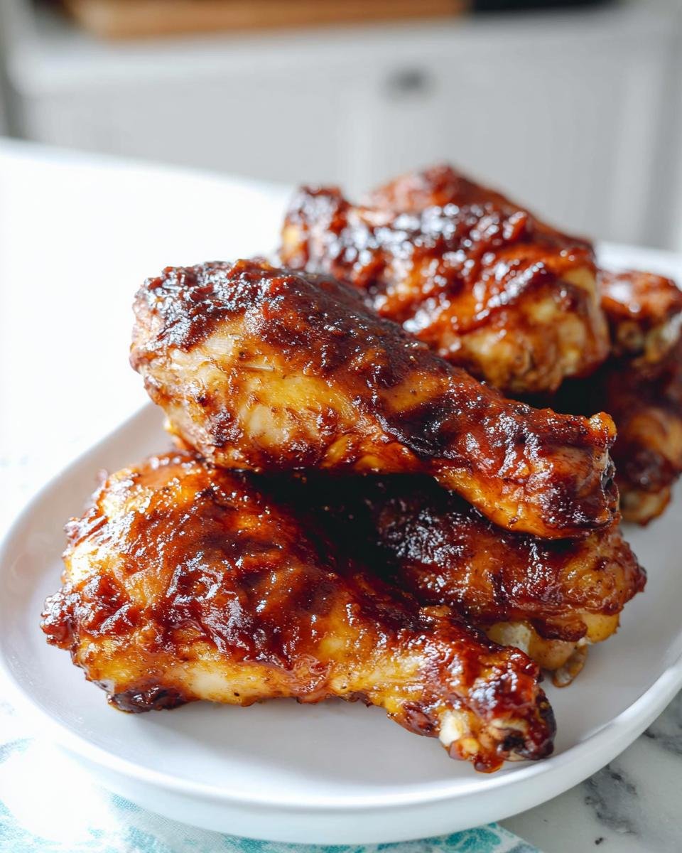Close-up of several glazed BBQ Chicken Drumsticks Sheet Pan pieces piled on a white plate.