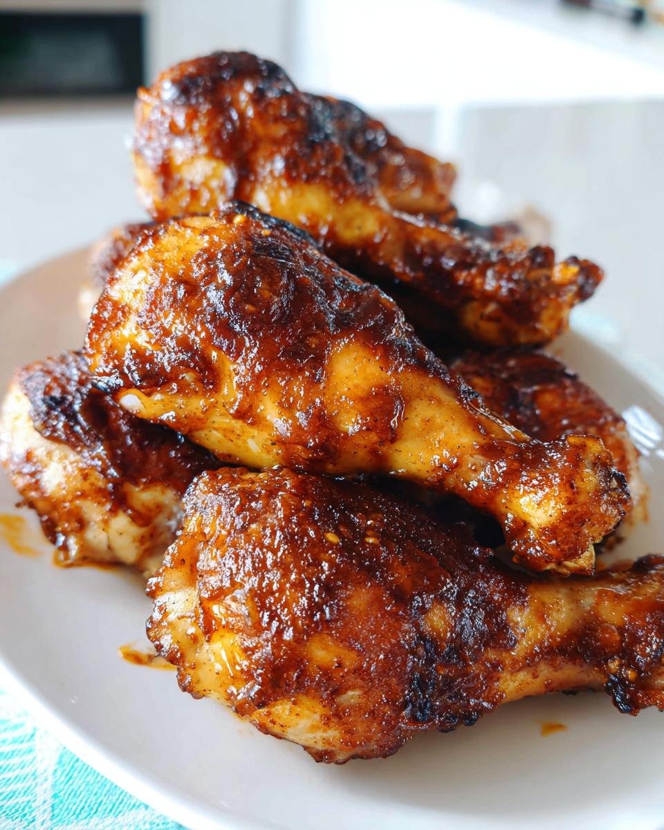 A close-up stack of sticky, glazed BBQ Chicken Drumsticks Sheet Pan pieces piled on a white plate.