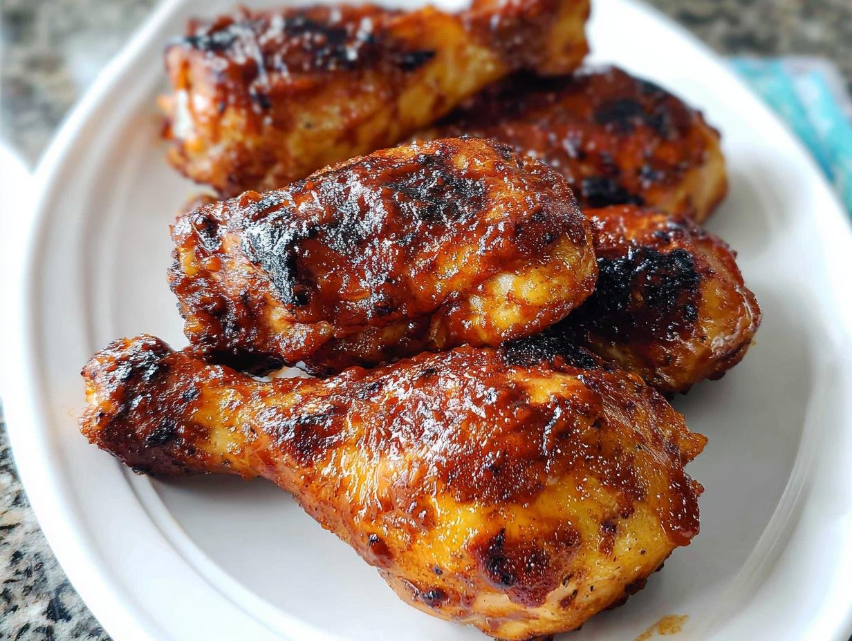 Close-up of several glistening, glazed BBQ Chicken Drumsticks Sheet Pan pieces stacked on a white plate.