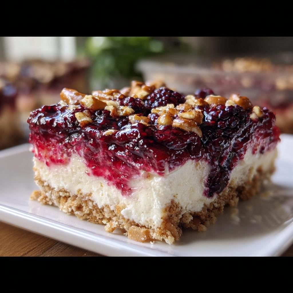 A close-up of a layered slice of Blackberry Pretzel dessert featuring a crust, cream cheese layer, and blackberry topping with nuts.