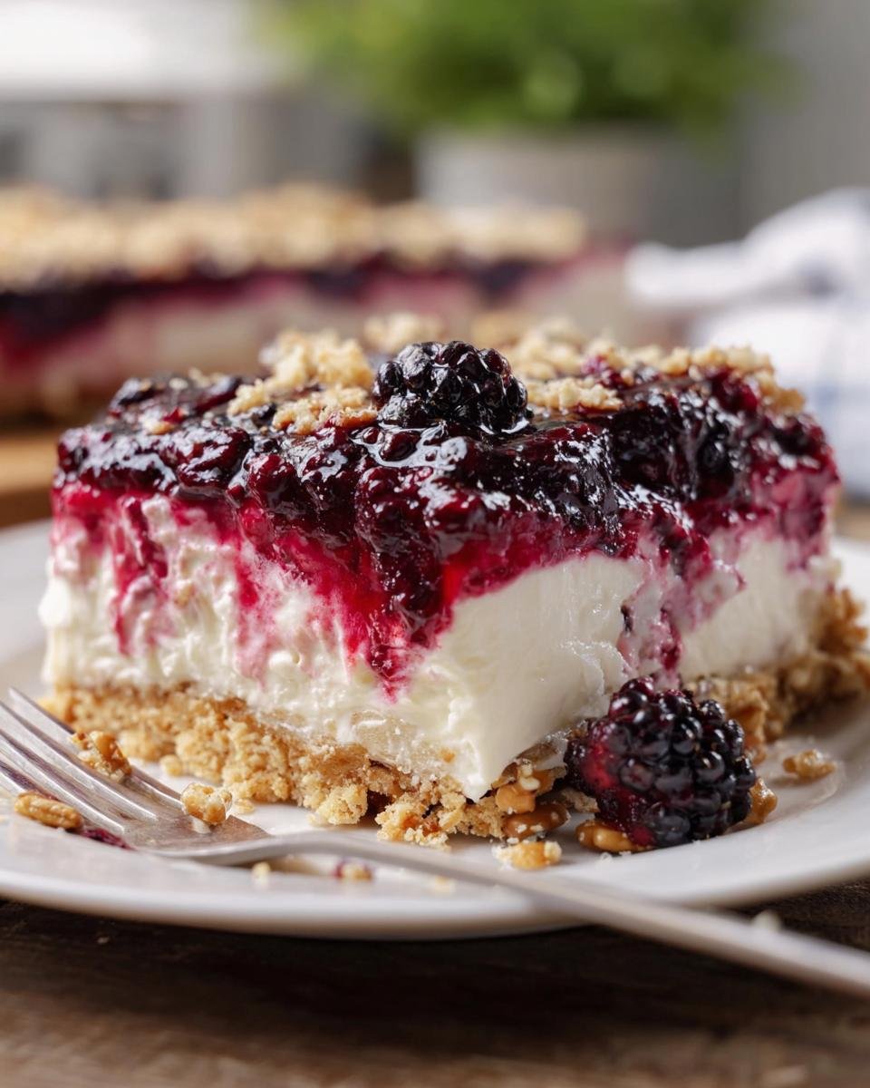 Close-up of a rich slice of Blackberry Pretzel dessert with a creamy layer and pretzel crust.