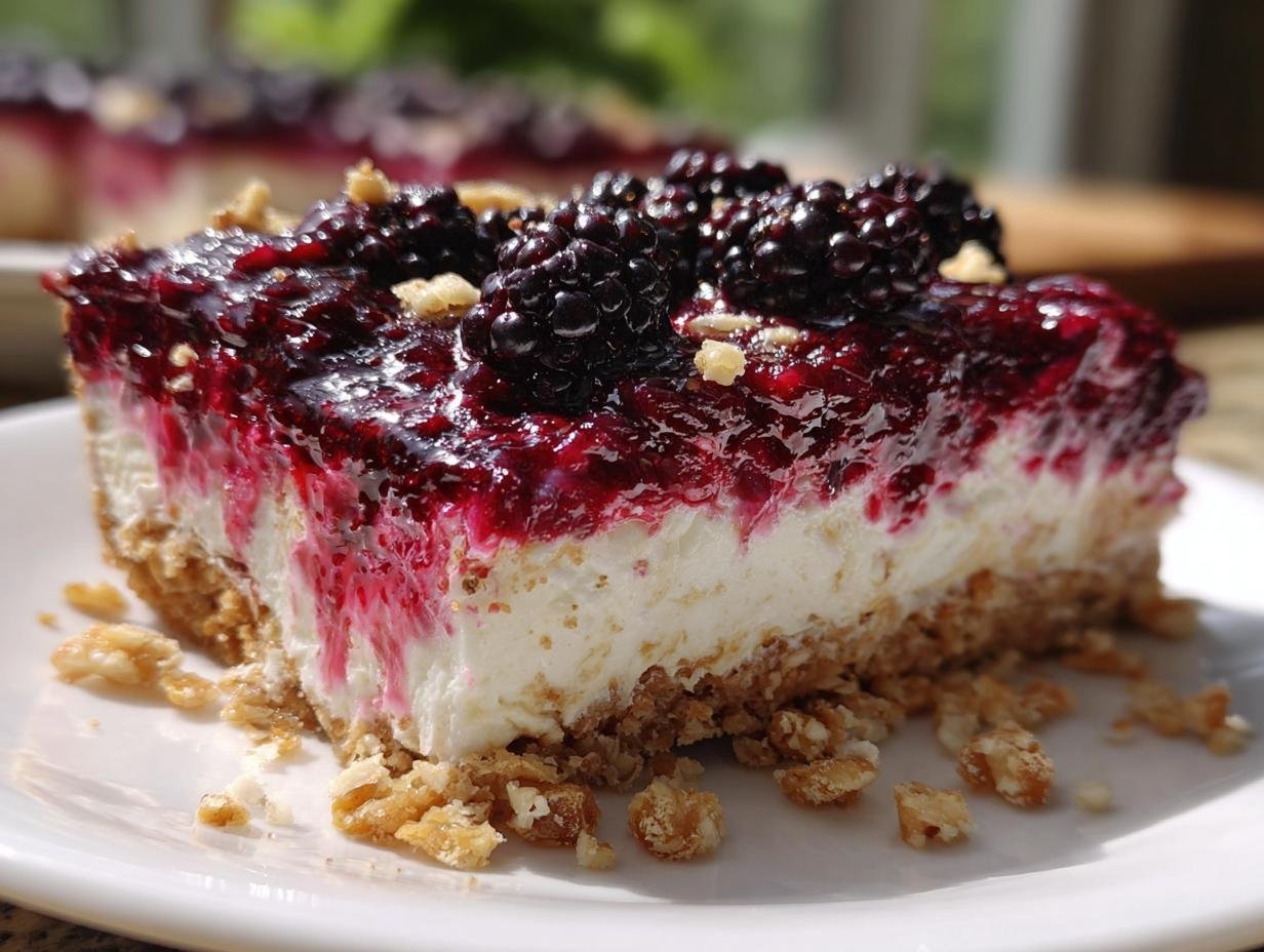 Close-up of a slice of Blackberry Pretzel dessert showing the pretzel crust, cream cheese layer, and blackberry topping.