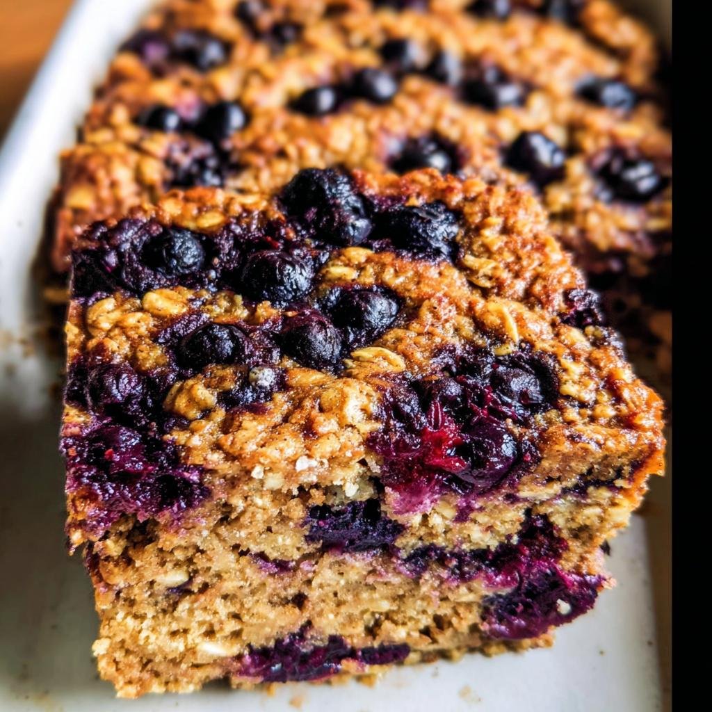 A slice of Blueberry Oatmeal Bake, showcasing the layers of oats and juicy blueberries.