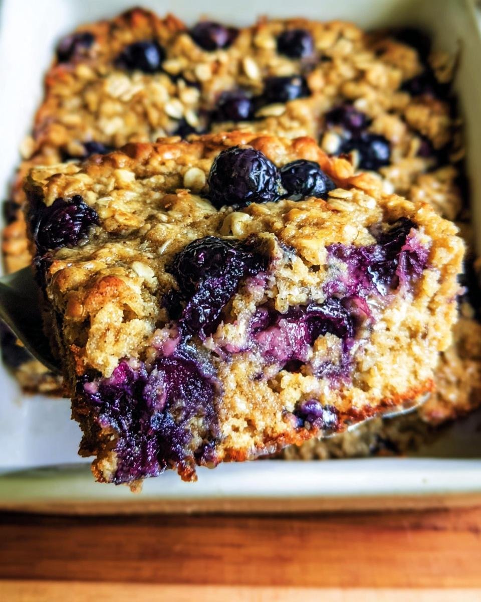 A slice of freshly baked Blueberry Oatmeal Bake being lifted from the baking dish.