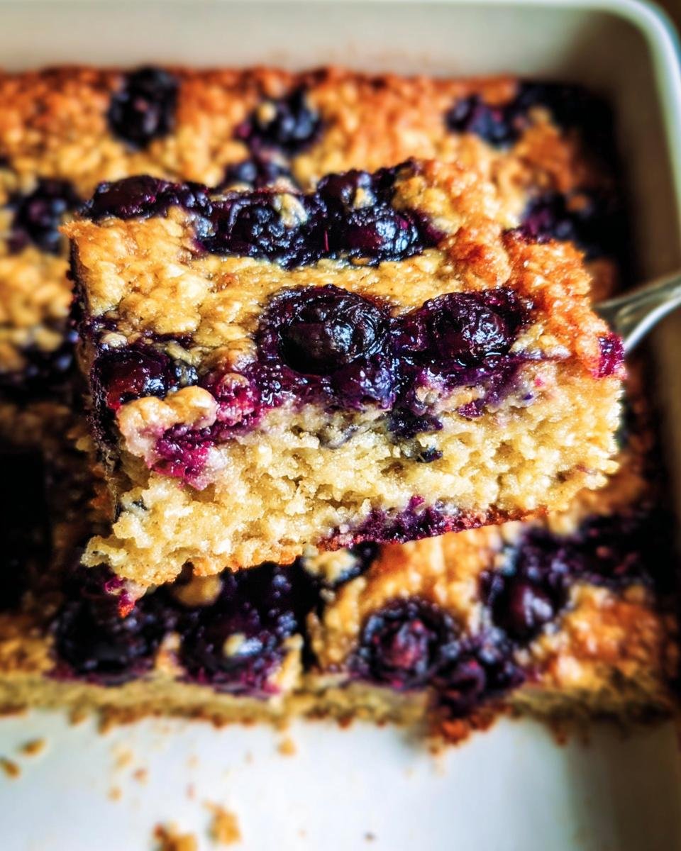 A slice of Blueberry Oatmeal Bake being lifted from the baking dish, showing the blueberries and baked oatmeal texture.