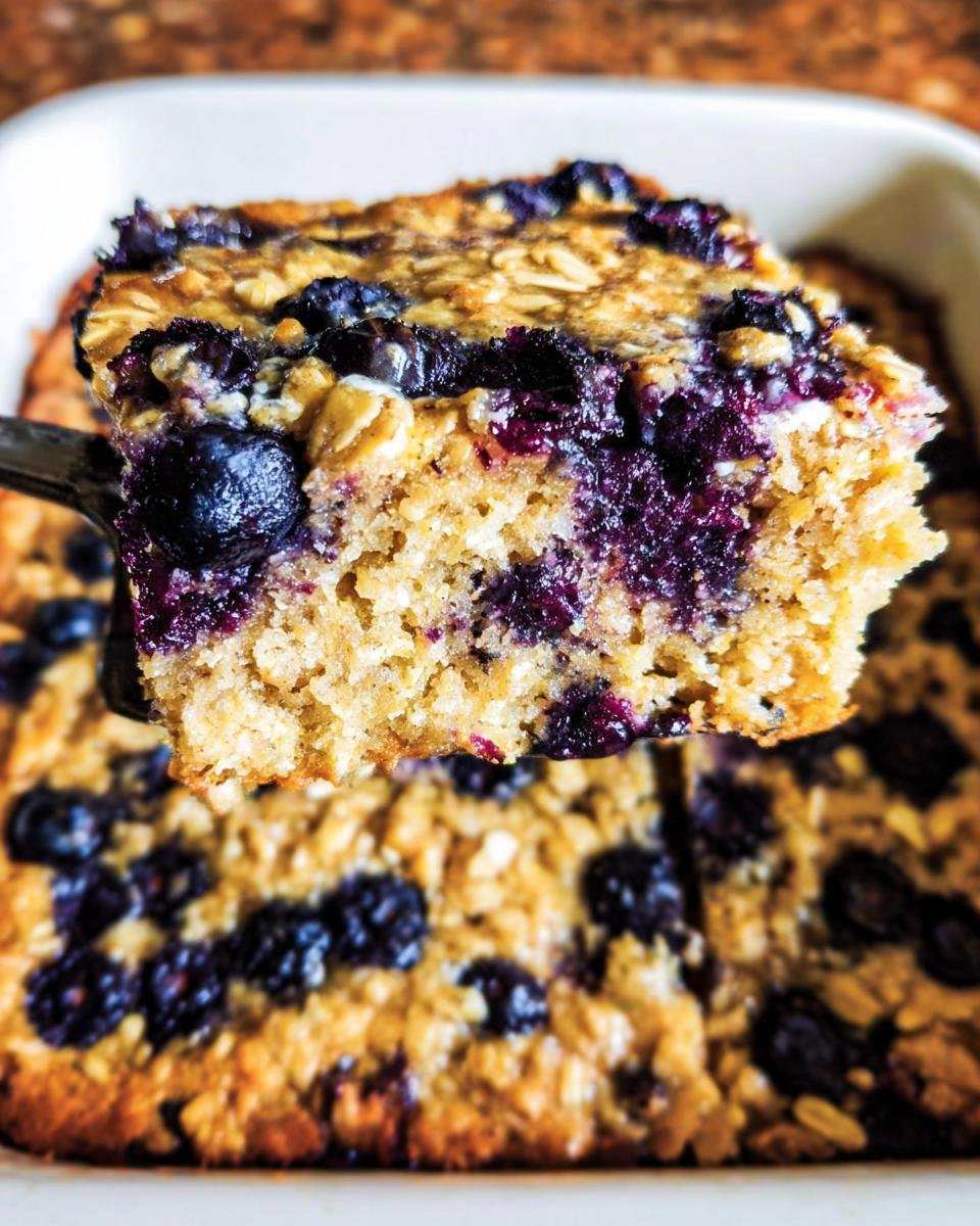A slice of Blueberry Oatmeal Bake being lifted from the baking dish, showing blueberries and oats.