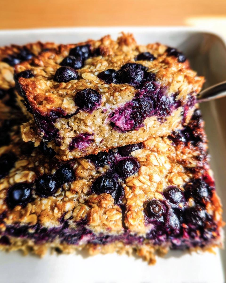 Close-up of stacked slices of blueberry oatmeal bake, showcasing the blueberries and oat texture.