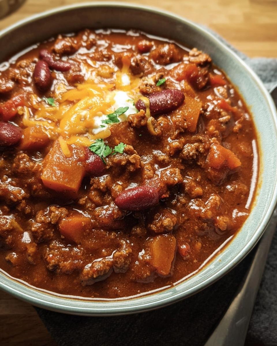 A close-up of a bowl of Pumpkin Chili, topped with cheese, sour cream and parsley.