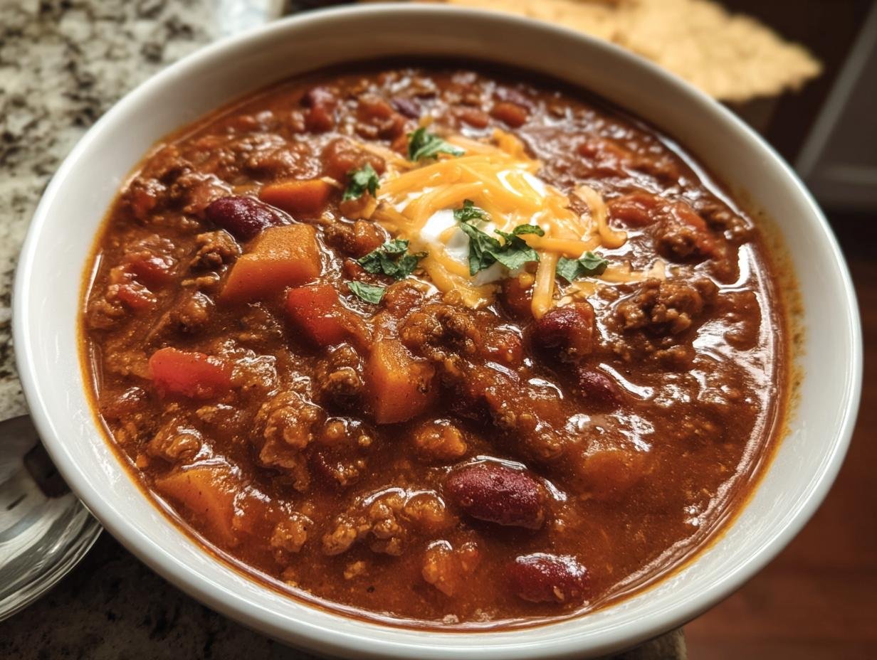 A bowl of Pumpkin Chili, topped with cheese, sour cream, and fresh herbs.