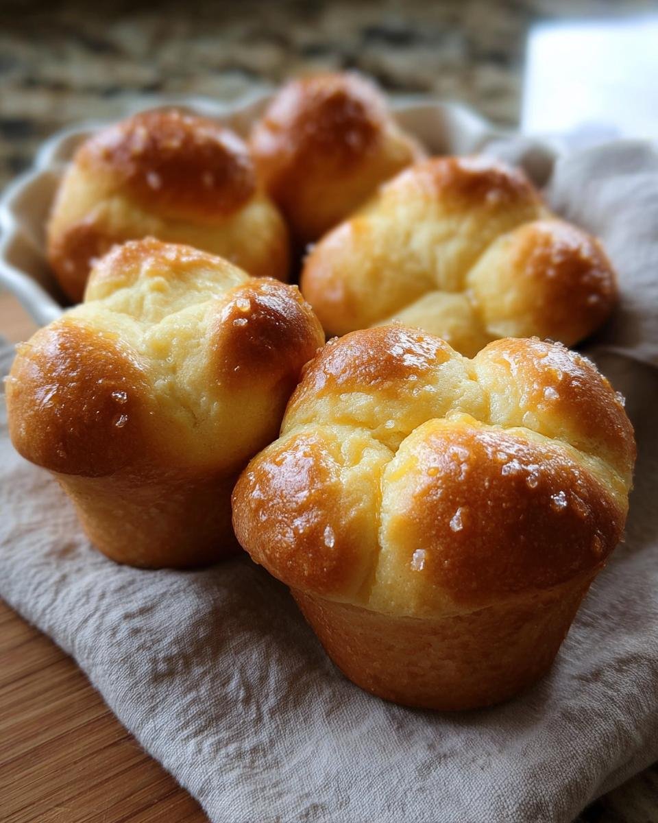 Close-up of freshly baked Buttermilk Cloverleaf Rolls with a shiny glaze and coarse salt topping.