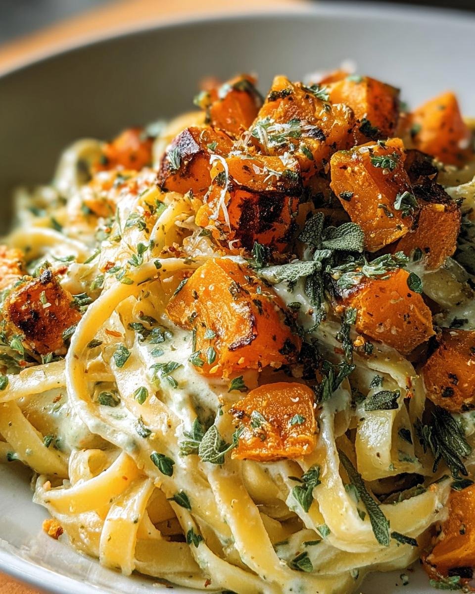 Close-up of Butternut Squash & Sage Pasta, featuring ribbon pasta, roasted squash, sage, and a creamy sauce.