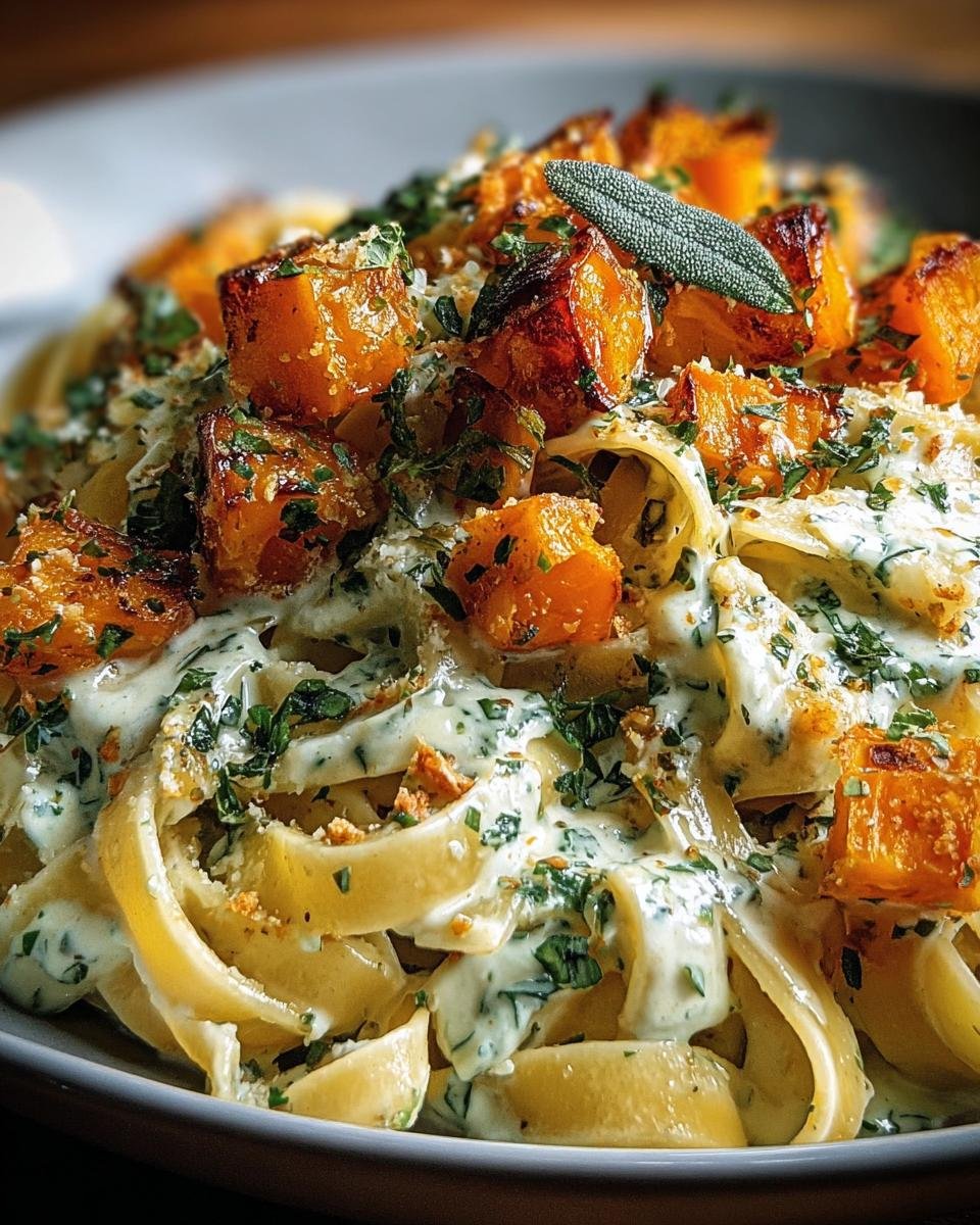 Close-up of Butternut Squash & Sage Pasta, featuring roasted squash, creamy sauce, and fresh sage.