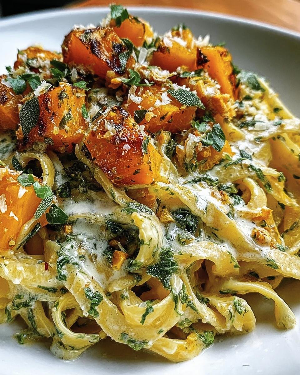 Close-up of Butternut Squash & Sage Pasta, featuring roasted squash, fresh sage, and creamy sauce over pasta.