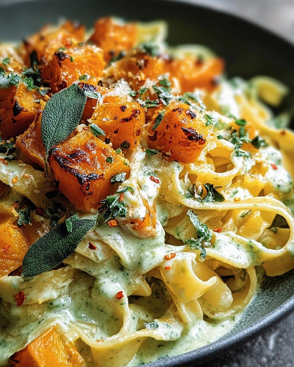 A close-up of Butternut Squash & Sage Pasta, featuring pasta, roasted butternut squash, sage, and a creamy sauce.