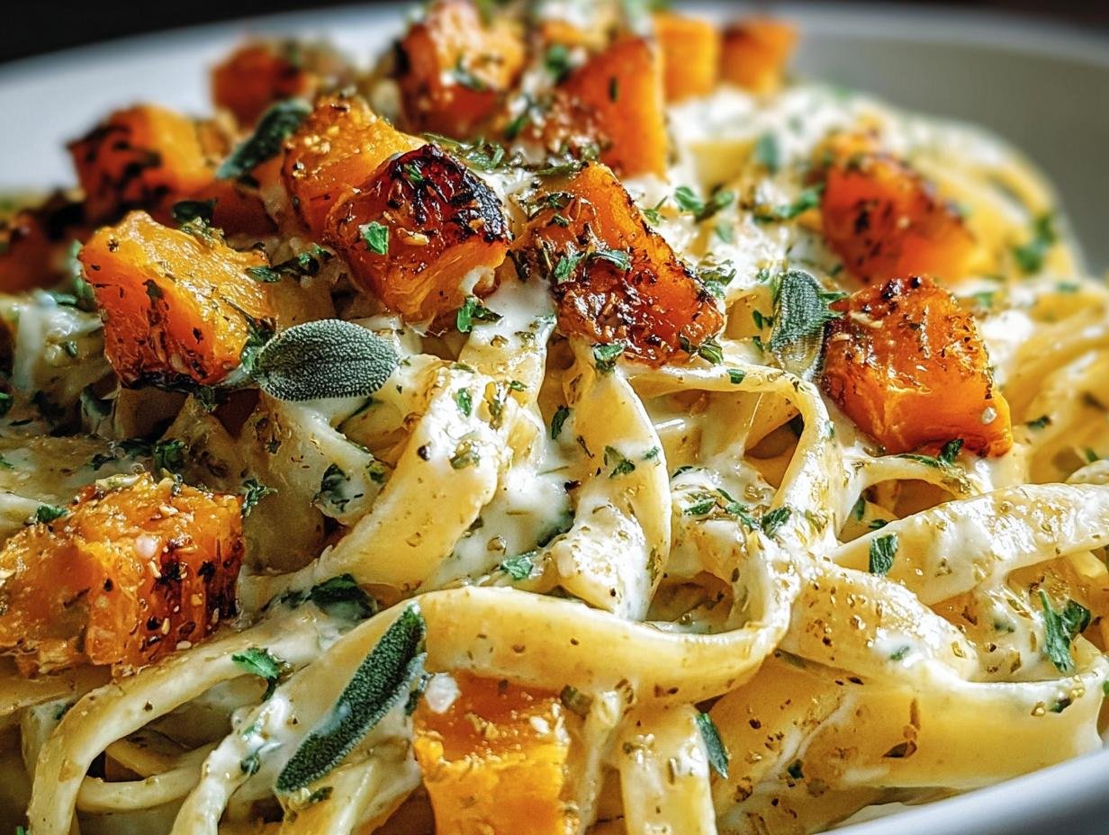 A close-up of Butternut Squash & Sage Pasta featuring ribbon pasta, roasted squash, creamy sauce, and fresh sage.