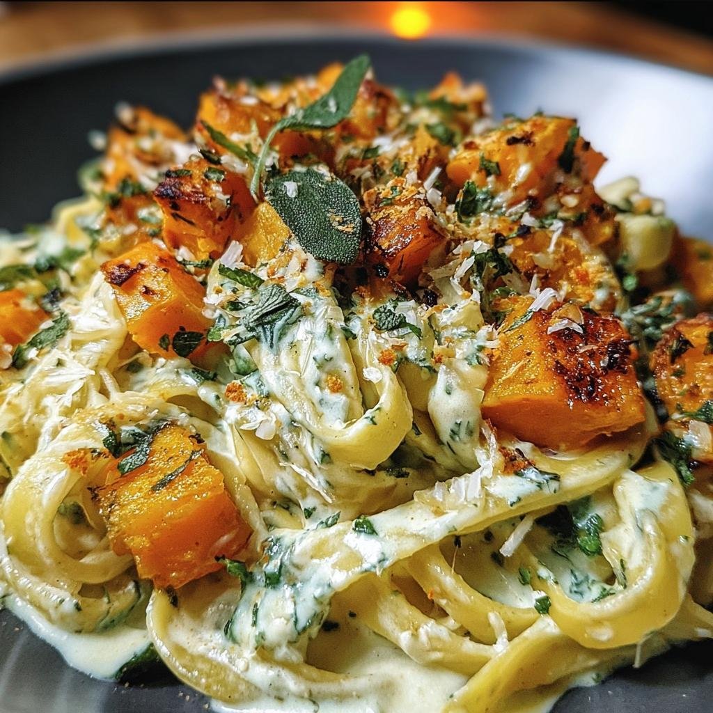 A close-up of Butternut Squash & Sage Pasta, featuring pasta, roasted squash, sage, and a creamy sauce.