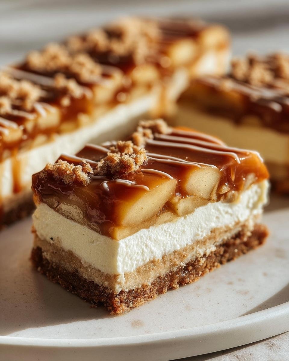 A close-up view of a layered Caramel Apple Cheesecake Bars slice showing crust, cheesecake, apple topping, and caramel drizzle.