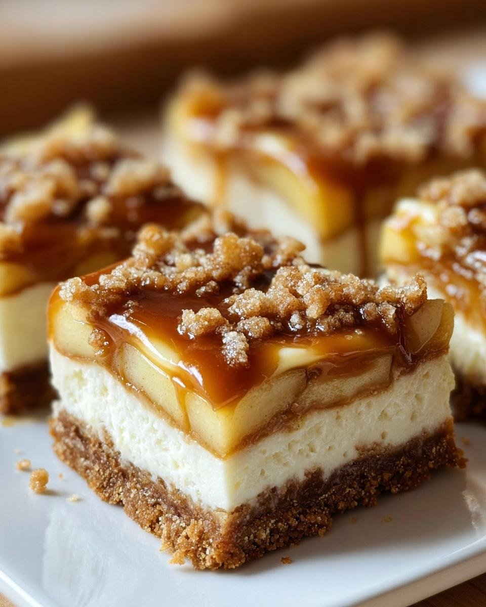A square slice of Caramel Apple Cheesecake Bars showing a graham cracker crust, creamy cheesecake layer, apple topping, and caramel drizzle.