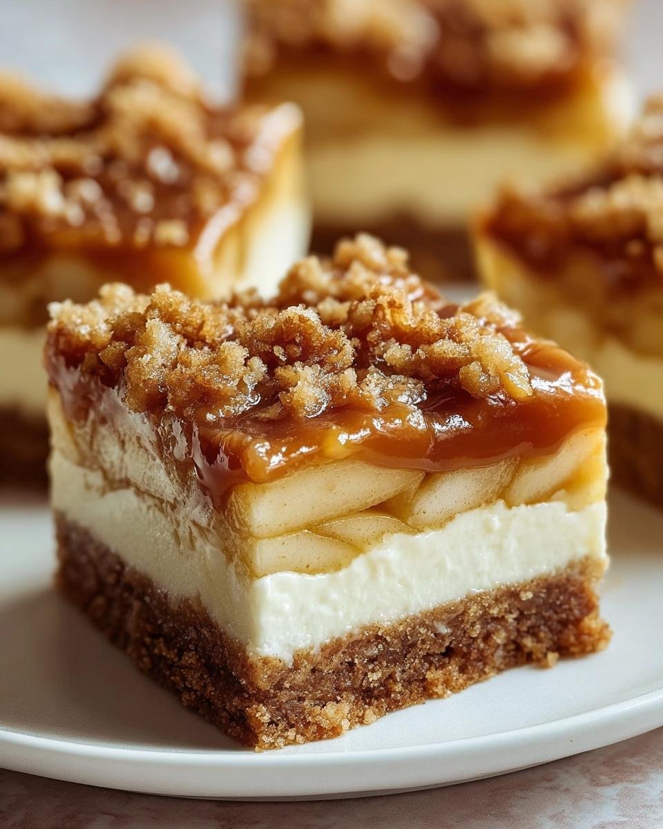 A perfect square slice of Caramel Apple Cheesecake Bars showing three distinct layers: graham cracker crust, cream cheese filling, and apple/caramel topping.