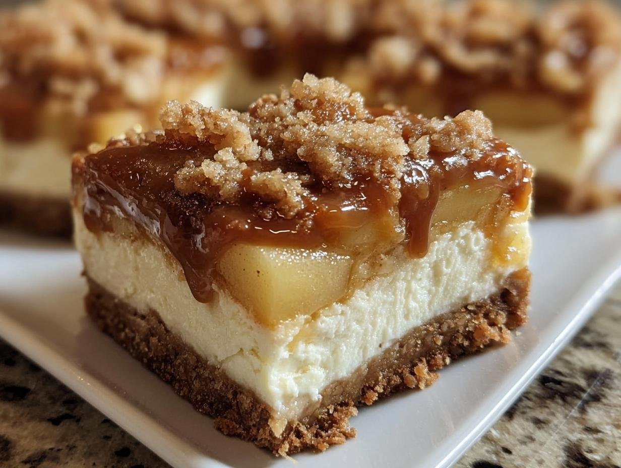 A decadent slice of Caramel Apple Cheesecake Bars showing a graham cracker crust, thick cheesecake layer, apple topping, and caramel drizzle.