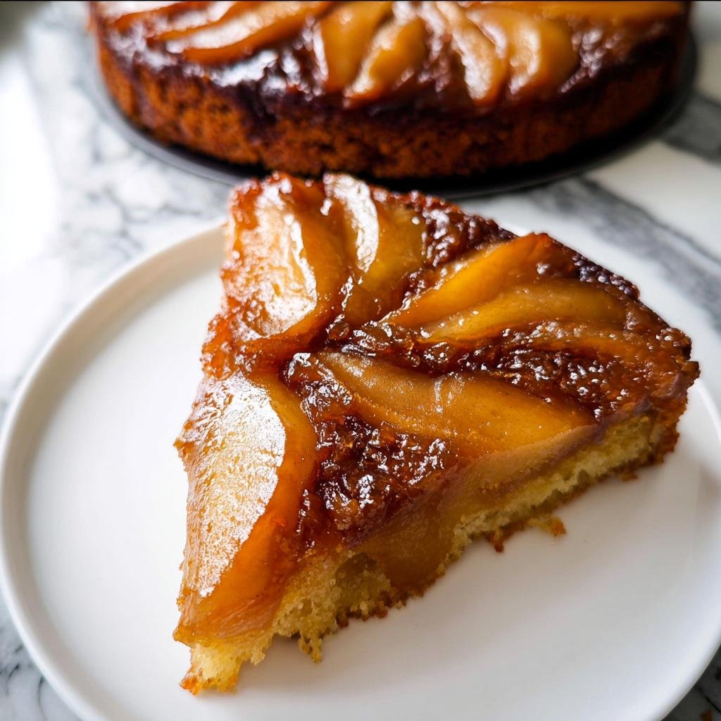 A moist slice of Caramel Apple Upside Down Cake with caramelized apple topping on a white plate.