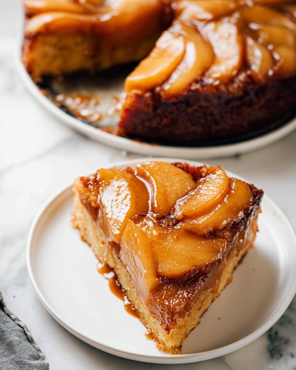 A close-up of a slice of Caramel Apple Upside Down Cake topped with glistening, saucy caramelized apple slices.