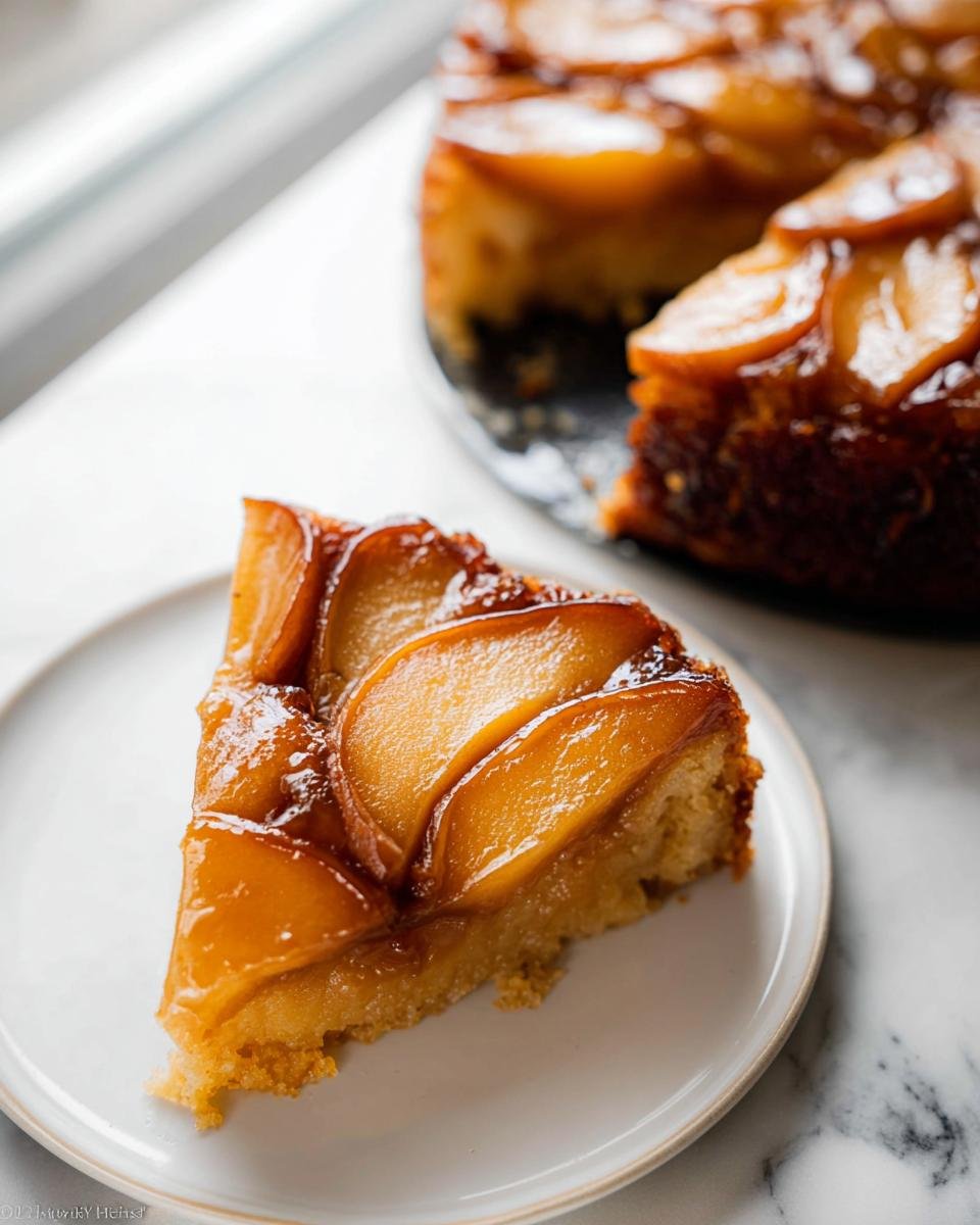 A perfect slice of Caramel Apple Upside Down Cake with glossy, caramelized apple slices on top.